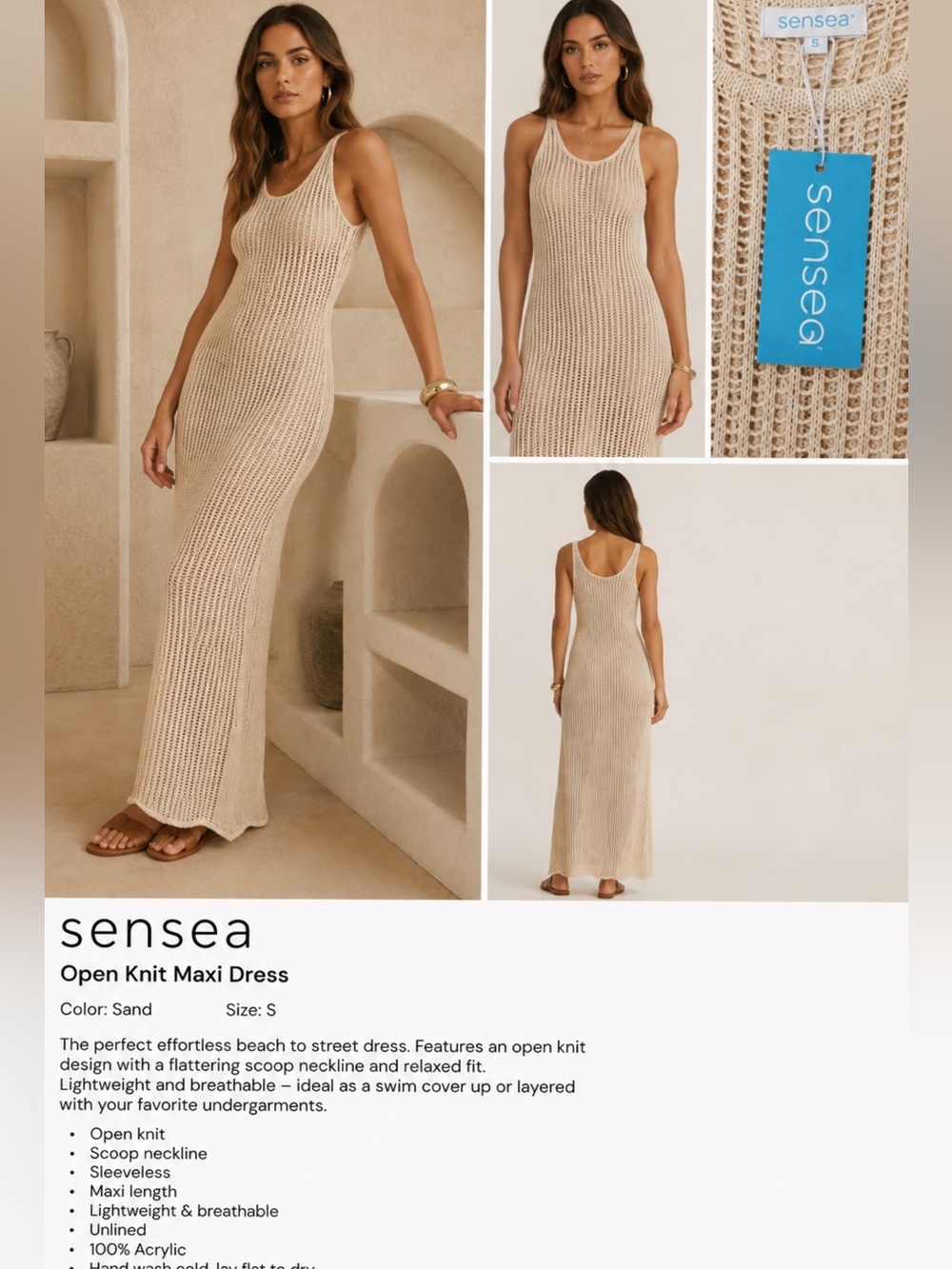 Sea Open Knit Maxi Dress in Sand